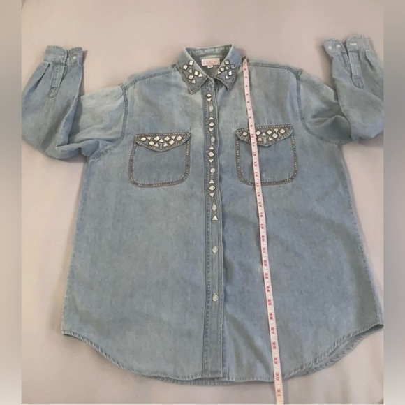 VTG 80s Clodia Dee Studded Denim‎ Top Sz Large Long Sleeve Shoulder Pads Women - Picture 7 of 8